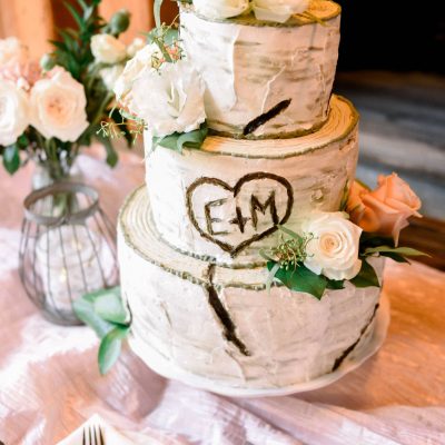 a three tier cake decorated to look like birch with the initials e + m carved into the middle layer